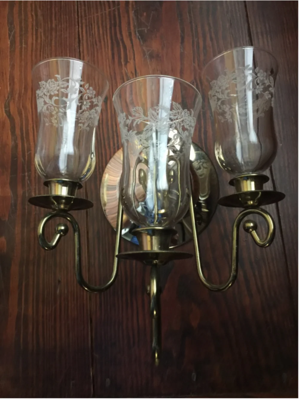 Vtg Pair Brass plate Wall Sconce Candle Holders W/Etched Glass Globes